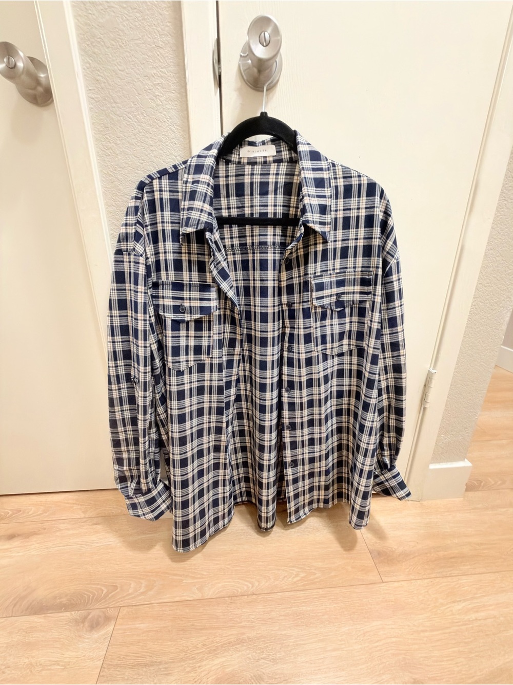 Korean Women Blue Navy and White Plaid Button-Up Shirt